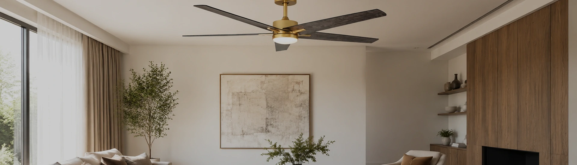 60 inch fandelier ceiling fan installed in modern luxury living room with gold and wood blades, showcasing premium residential ceiling fan lighting design