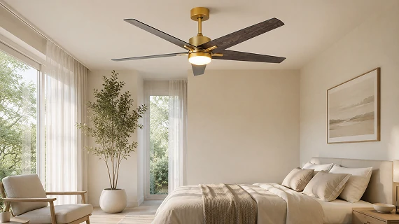 60 inch fandelier ceiling fan operating quietly in modern bedroom demonstrating energy saving dc motor and efficient airflow lighting system