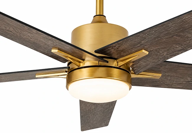 60 inch fandelier ceiling fan model product isolated on white background showing gold metal and wood blade design with integrated LED lighting system