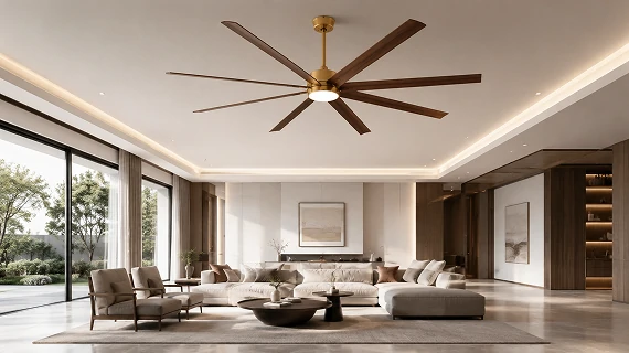 60 inch fandelier ceiling fan installed in large modern living room showing wide blade span airflow performance for residential and commercial projects