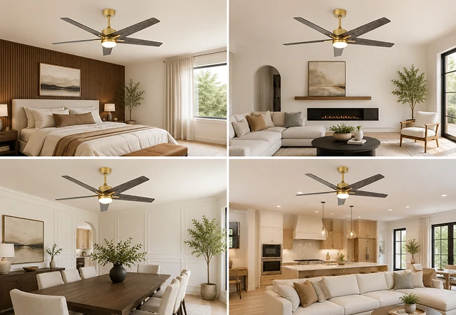 60 inch fandelier ceiling fan installed across multiple modern interior spaces including bedroom living room and dining area showing versatile application design