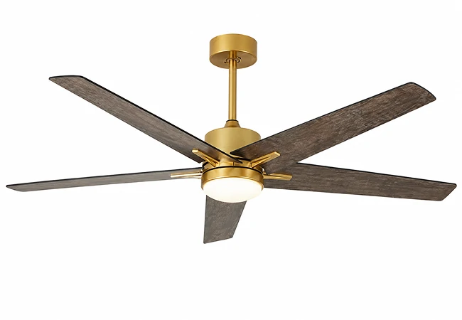 60 inch fandelier ceiling fan close up detail showing gold metal motor and wood grain blades with integrated LED lighting in luxury modern design