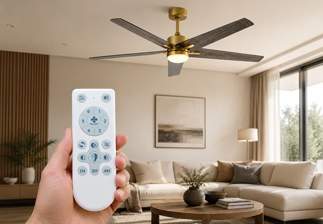 60 inch fandelier ceiling fan product shown on white background with gold metal body wood blades and integrated LED light for technical specification use