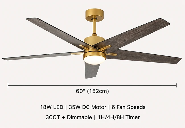 60 inch fandelier ceiling fan in modern living room with hand holding remote control showing smart lighting and speed adjustment functionality