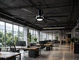 Energy efficient 70 inch industrial ceiling fan operating in a modern commercial office environment
