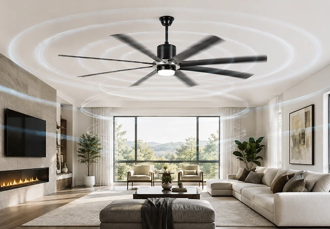 70 inch industrial large ceiling fan generating wide airflow circulation across a large open interior