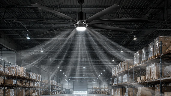 70 inch industrial large ceiling fan with energy-efficient DC motor operating in a commercial warehouse