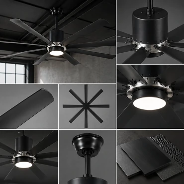 Gray-black industrial design of a 70 inch large ceiling fan installed in a modern commercial interior