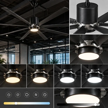 Integrated 18W LED light on a 70 inch industrial large ceiling fan installed in a commercial workspace