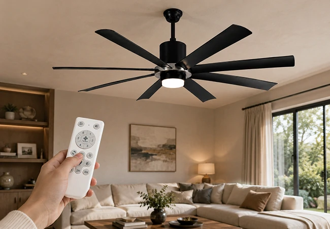 Remote control operation of a 70 inch industrial large ceiling fan with integrated LED light