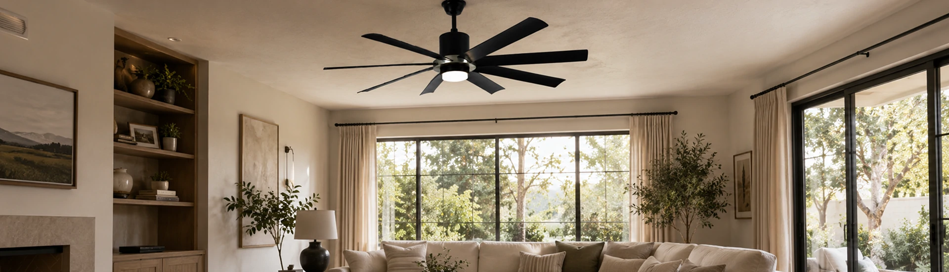 70 inch industrial large ceiling fan with LED light and remote control installed in a modern commercial interior