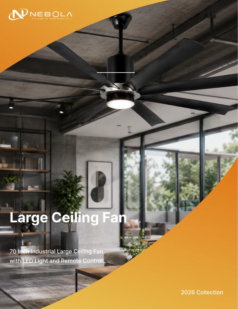 70 inch industrial large ceiling fan with LED light installed in a modern commercial loft interior