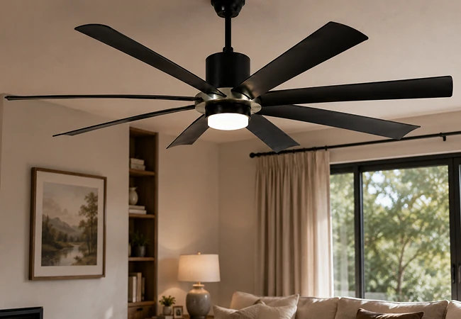 70 inch industrial large ceiling fan with LED light installed in a spacious modern residential interior