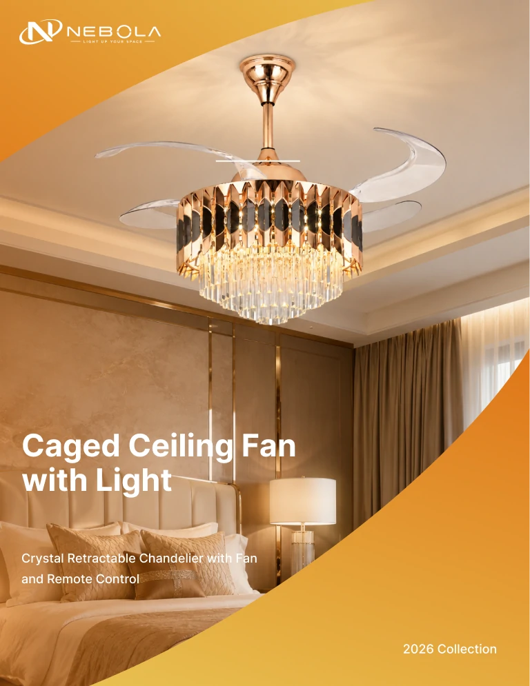 Luxury crystal chandelier caged ceiling fan with light for bedroom and hotel projects, combining airflow performance and decorative lighting design