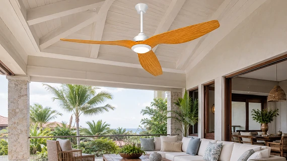 Covered patio outdoor ceiling fan with light in white and oak finish for resort projects