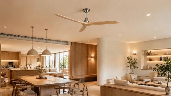 natural wood ceiling fan no light installed in modern living room for quiet airflow