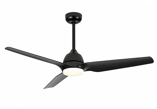 Modern black ceiling fan with light and three blades on white background
