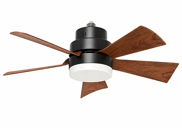 Modern wood blade ceiling fan with LED light for living room applications