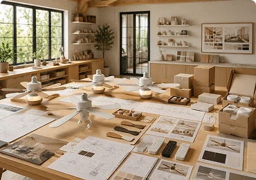 Custom kitchen ceiling fan OEM and ODM development workspace featuring product samples packaging concepts and customization options