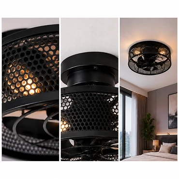 Flush mount installation of an 18-inch black caged ceiling fan in a low ceiling room.