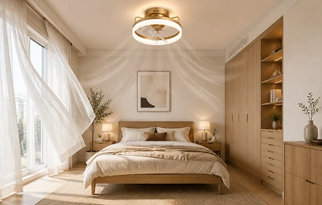 Air multiplier ceiling fan providing balanced airflow circulation in a compact bedroom