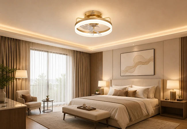 20 inch oscillating air multiplier ceiling fan light installed in a luxury bedroom interior