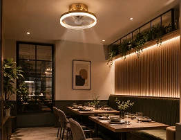 Air multiplier ceiling fan light installed in a modern cafe seating area