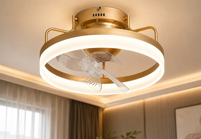 Close up view of a 20 inch oscillating air multiplier ceiling fan light with integrated LED ring