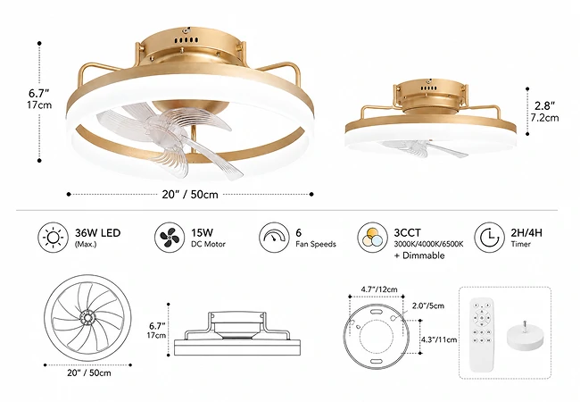 Technical dimensions and specifications of a 20 inch oscillating air multiplier ceiling fan light