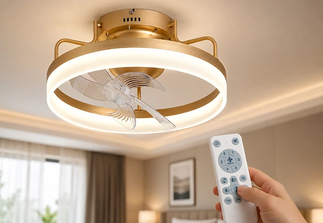 20 inch oscillating air multiplier ceiling fan light controlled with a remote in a modern bedroom