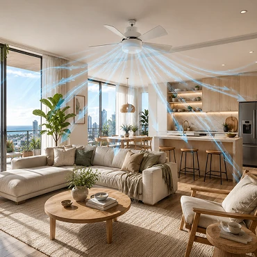Apartment kitchen interior with a space-efficient modern ceiling fan, illustrating practical airflow solutions for multi-unit living