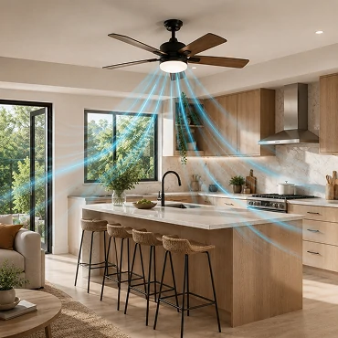 Family kitchen interior featuring a modern ceiling fan, demonstrating optimal airflow and comfort for cooking and dining in a premium residential space