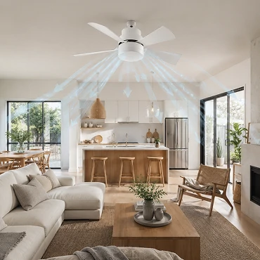 Open concept home kitchen and living area with a modern ceiling fan installed, highlighting consistent air circulation and stylish integration with furniture