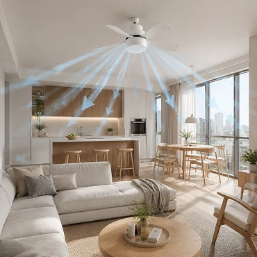 Vacation home kitchen with modern ceiling fan installation, showcasing energy-saving ventilation and seasonal residential comfort
