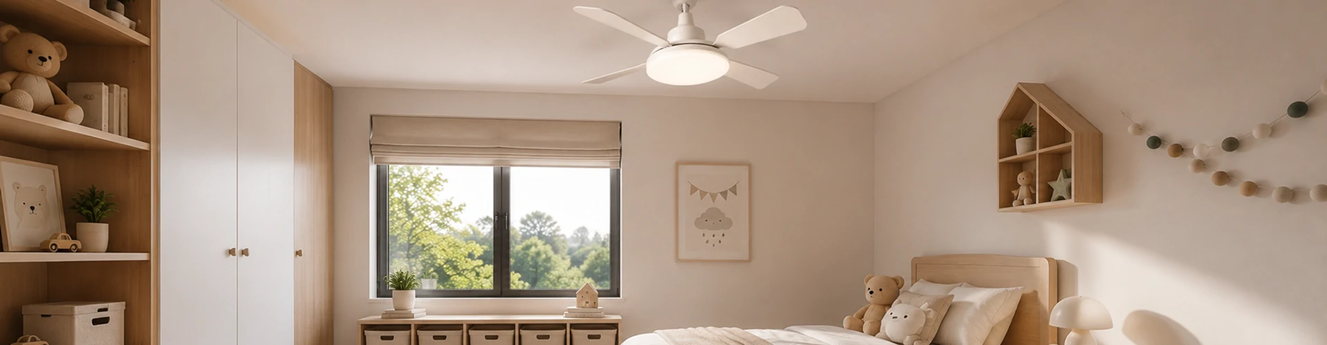 Ultra realistic kids bedroom with small ceiling fan installed on ceiling, Scandinavian design, soft daylight, and family-friendly residential environment