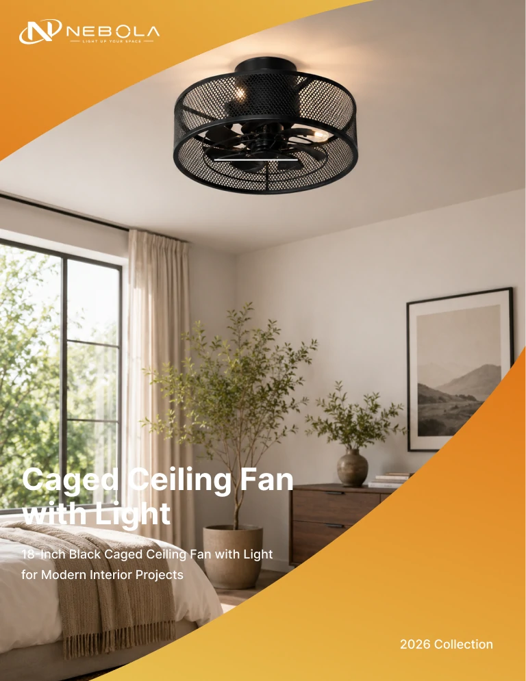 18-inch black caged ceiling fan with light installed in a modern bedroom with warm ambient lighting.