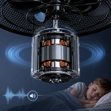 15W DC motor technology inside an 18-inch black caged ceiling fan with light.
