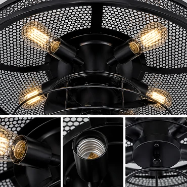 Four standard E27 lamp holders inside an 18-inch black caged ceiling fan.