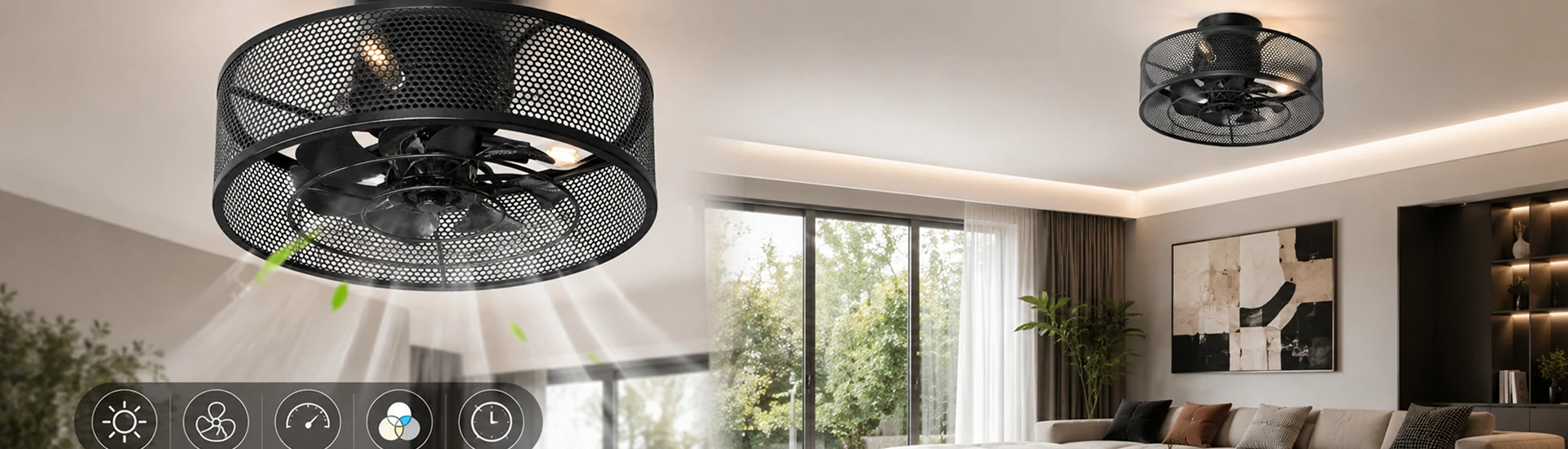 18-inch black caged ceiling fan with E27 lights installed in a modern industrial living room.