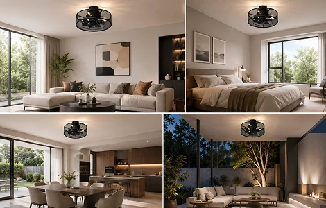 18-inch black caged ceiling fan with light installed in a modern apartment living room.