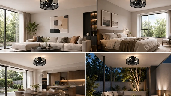 18-inch black caged ceiling fan with light installed in a modern apartment living room.