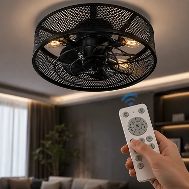 Remote control operation for an 18-inch black caged ceiling fan with light.