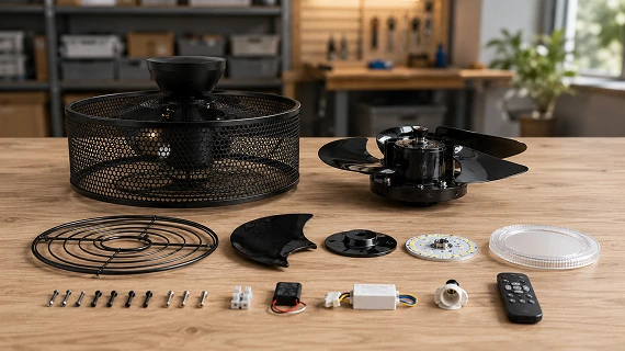 Replaceable components for an 18-inch black caged ceiling fan with E27 sockets and remote control.