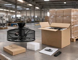 Assembly line ensuring stable lead times for 18-inch black caged ceiling fan production.