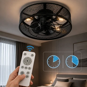 Timer function on an 18-inch black caged ceiling fan with warm bedroom lighting.