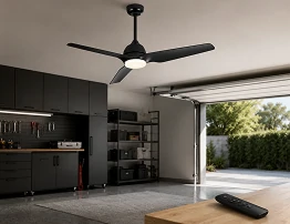 industrial ceiling fan light installed in modern commercial interior warehouse style space designed for airflow and large area ventilation solutions