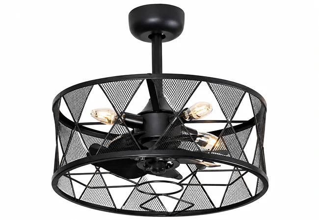 Black industrial caged ceiling fan with four E27 light holders and six fan blades on white background.