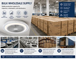 Bulk wholesale supply of flush mount ceiling fans with LED lights prepared for international shipment and distribution