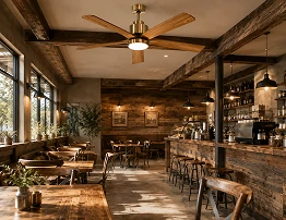 52 inch vintage ceiling fan enhancing a rustic restaurant and café interior environment