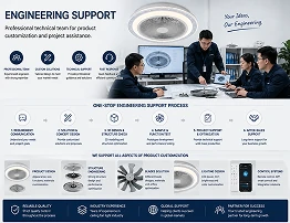 Professional engineering support team developing custom flush mount ceiling fan with LED light solutions for OEM projects